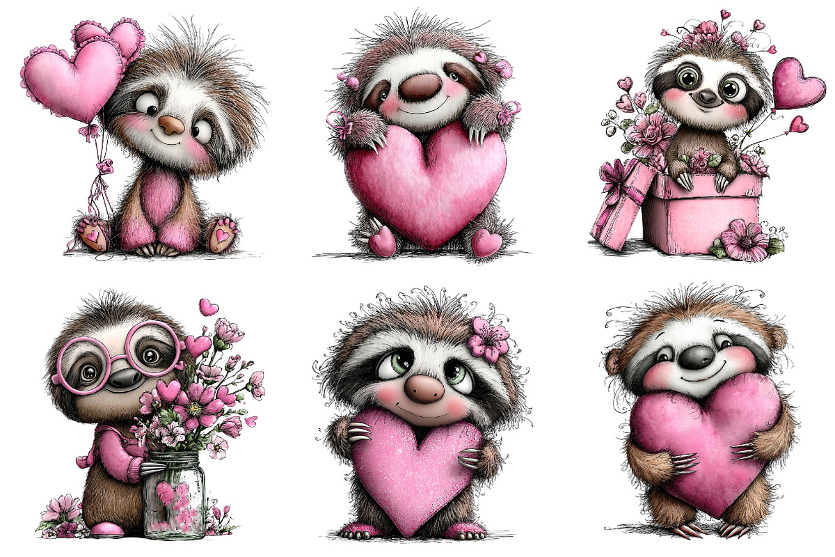 Valentine's Whimsical Sloth Clipart, an Illustration by Dream Creation (Photo 4 of 8)