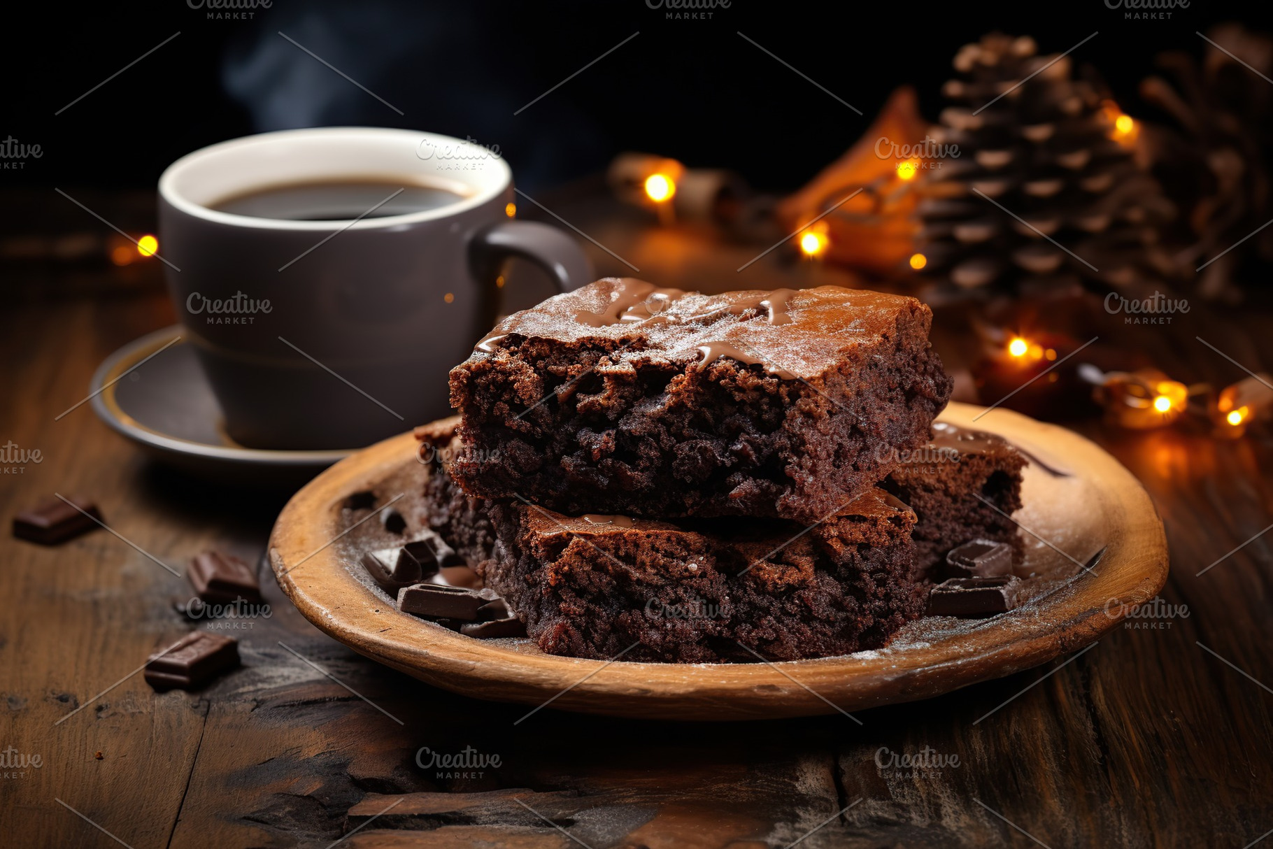 Chocolate brownie with cup of coffee on wooden background, a Food & Drink Photo by AlyaAnd