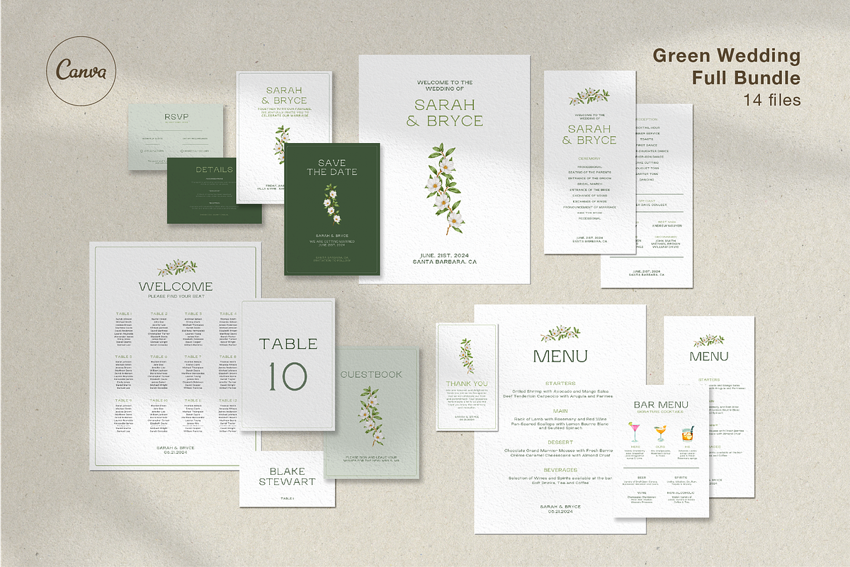Green Floral Wedding Bundle Template, a Stationery Template by Paraná Studio (Photo 1 of 23)