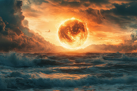 Vibrant Sunset Over Turbulent Ocean, a Photo by Tanuart
