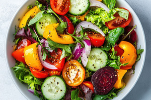 Vibrant fresh vegetable salad in bow, a Food & Drink Photo by Pixeness Studio