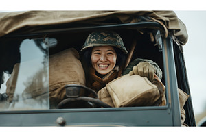 Asian female soldier smiling inside, a Transportation Photo by Sergey Kotenev