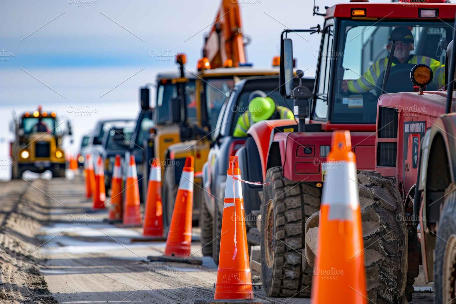 A row of construction trucks driving, a Photo by Iftikhar Alam