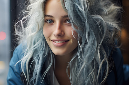 A young woman with long, wavy, light blue hair, smiling softly at the camera. S, a Person Photo by Textures & Backgrounds