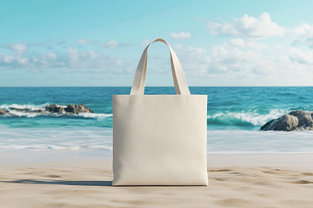 Blank shopping bag mockup on beach, a Background Photo by MistyDay