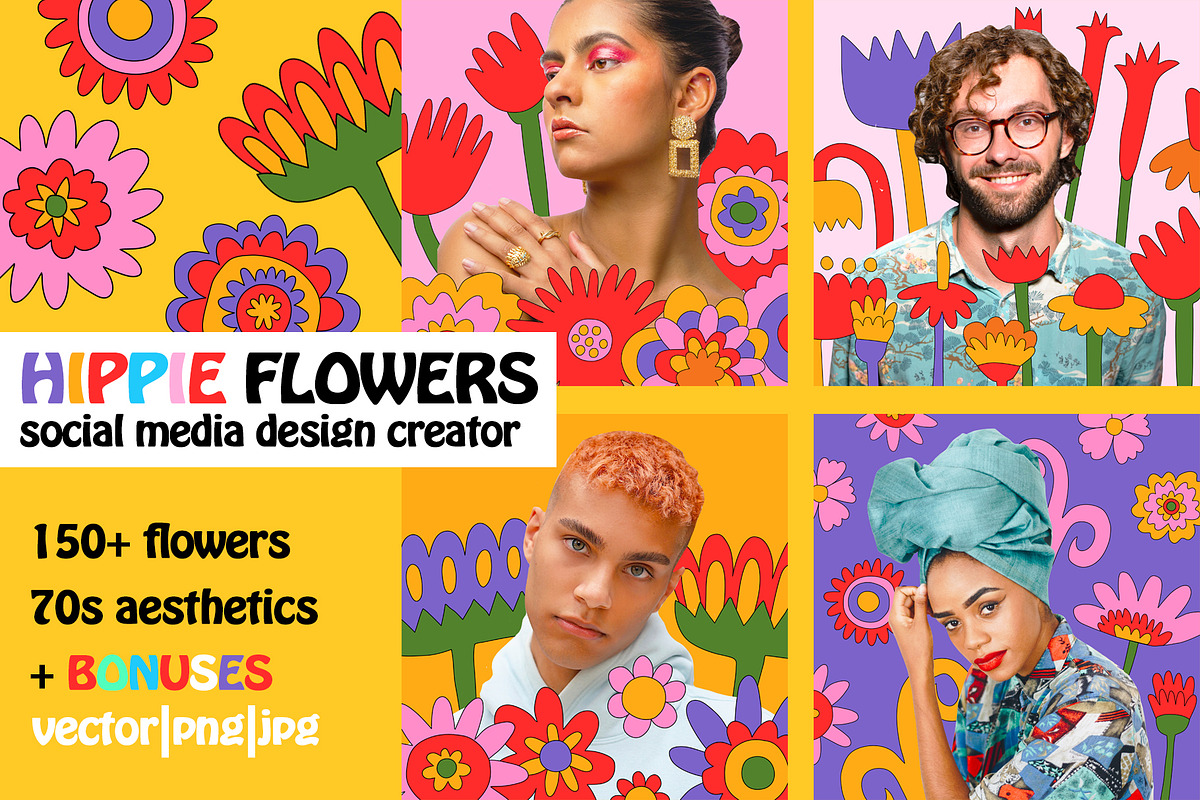 HIPPIE 70s FLOWERS-INSTAGRAM CREATOR, an Illustration by okchizh (Photo 1 of 13)