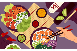 Poke bowl table. Top view serving, a Food Illustration by YummyBuum