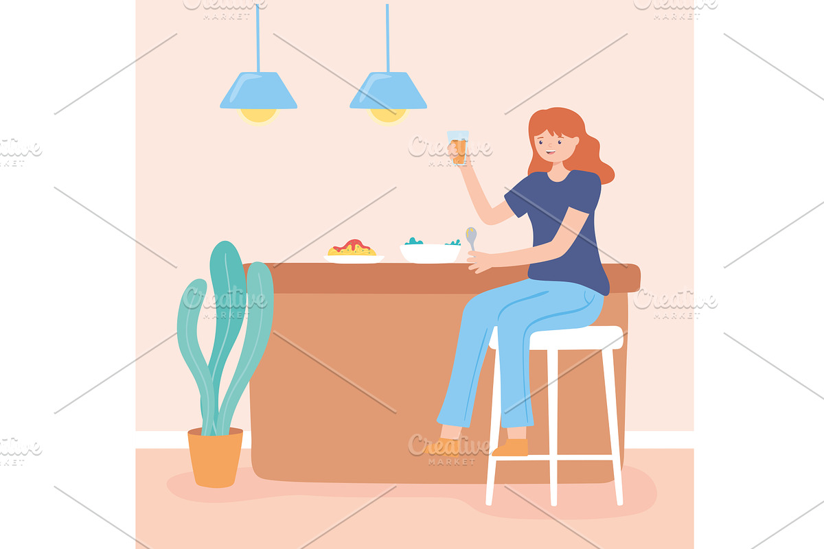 girl eating in kitchen, a Person Illustration by studiogstock