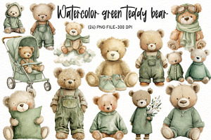 watercolor green teddy bear clipart, an Illustration by Designworld
