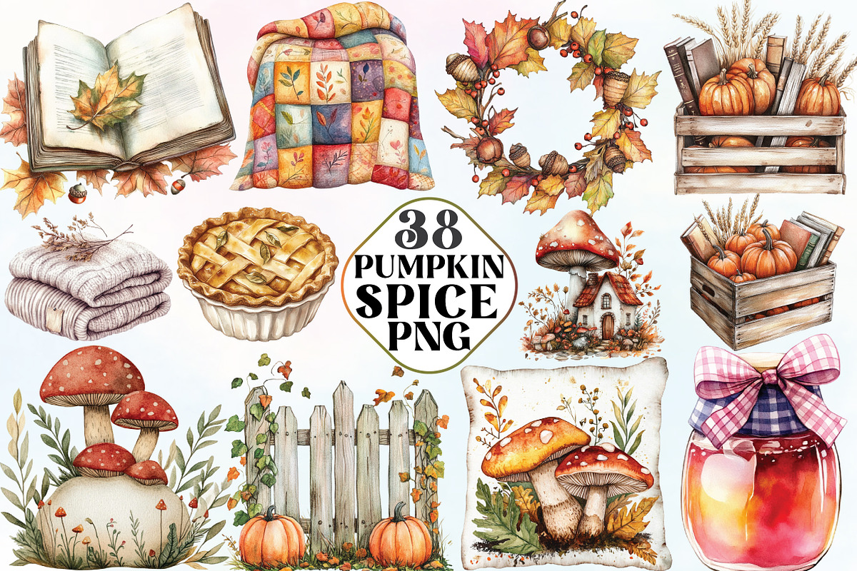 Watercolor Pumpkin Spice Clipart, an Illustration by CraftArtStudio (Photo 1 of 6)