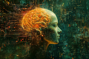 A futuristic representation of a human head in profile, with a glowing brain an, an Industrial Photo by Textures & Backgrounds