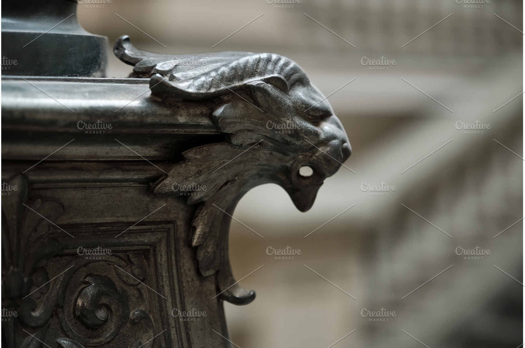Close-up of a Metal Gargoyle Head on, an Architecture Photo by Rohan Photography