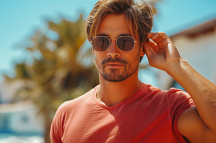 A handsome Caucasian man in sunglasses, enjoying a sunny day outdoors with palm, a Person Photo by ImageMir