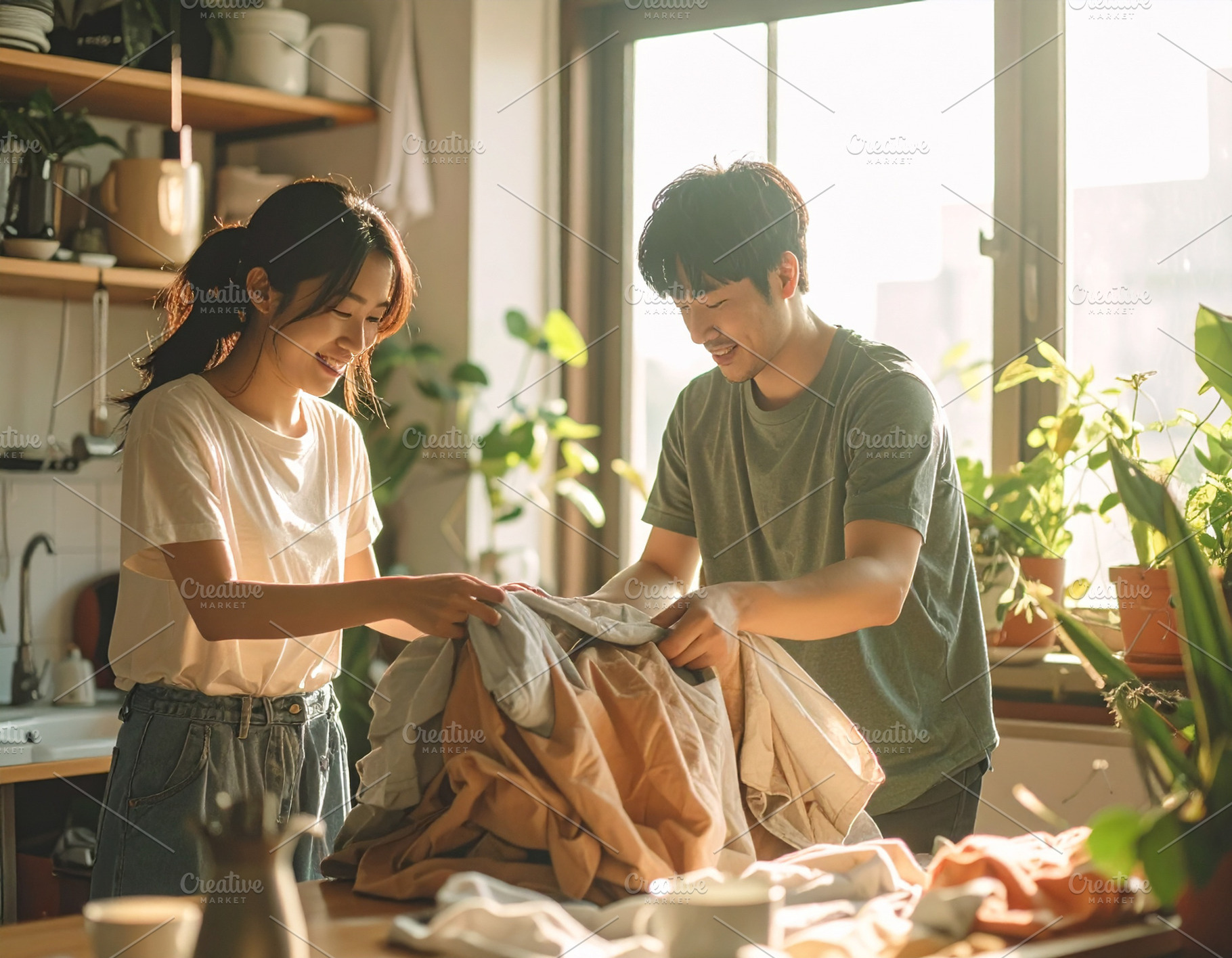 Young couple folding laundry together in a room apartment, a Person Photo by DanFLCreativo