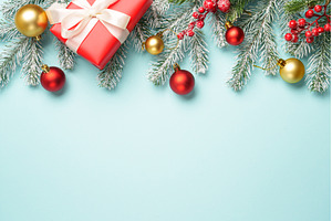 Christmas present with decor on blue, a Holiday Photo by Nadia-nb