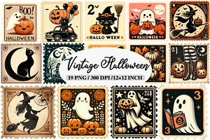 Vintage Halloween Stamps Clipart, an Illustration by Daily.Designs