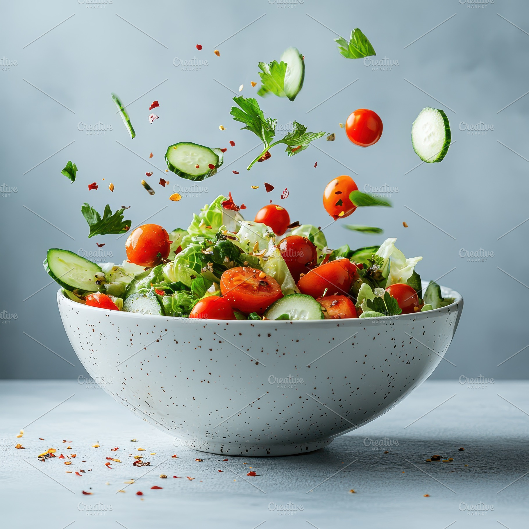 Fresh Salad Bowl Vegetables Falling, a Food & Drink Photo by Pixeness Studio