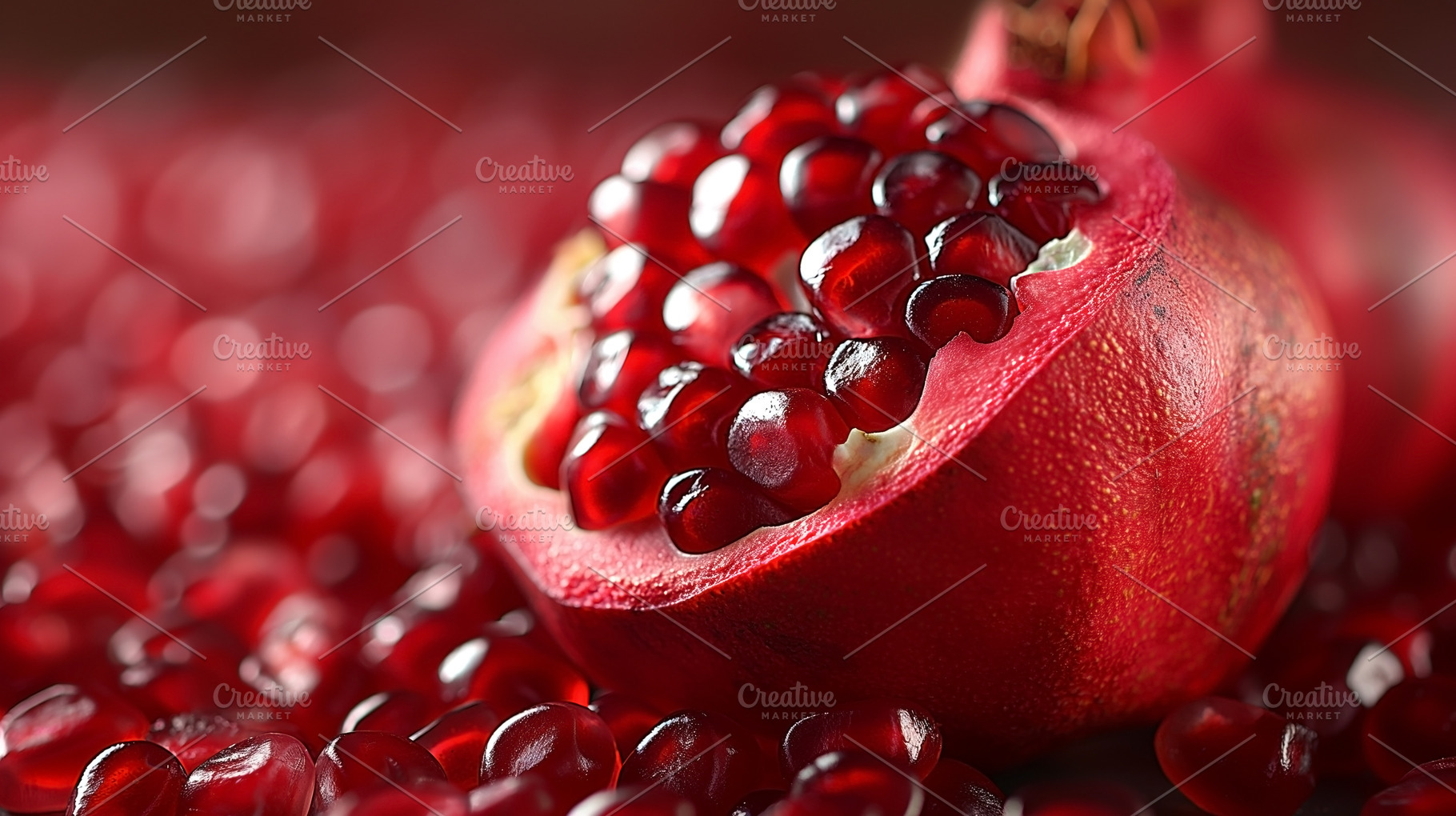 Close-up of a freshly cut pomegranate showcasing juicy red seeds, a Food & Drink Photo by ImageMir