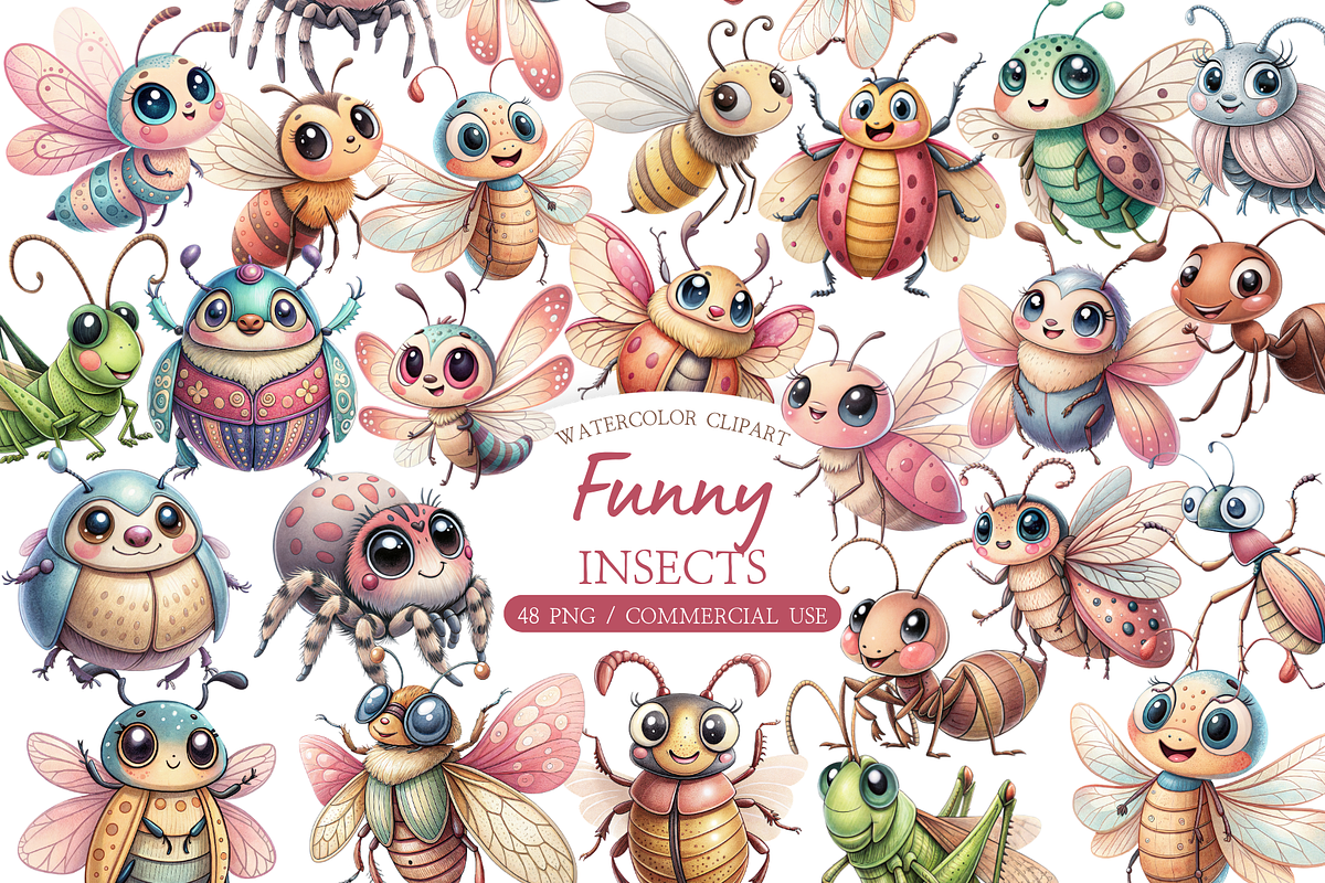 Watercolor Funny Insect Clipart, an Illustration by MockupWizard (Photo 1 of 5)