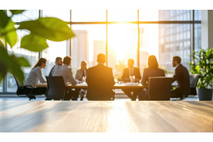 A business team gathers in a sunlit, a Business Photo by Igor Tichonow