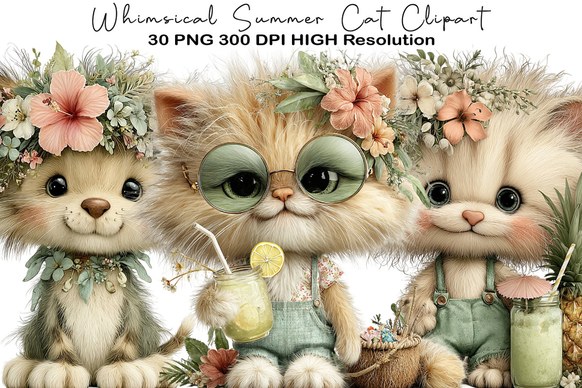 Whimsical Summer Cat Clipart PNG, an Illustration by Black Bird Studio (Photo 1 of 5)