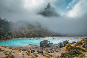 Sorapis lake and misty mountains, a Nature Photo by Alpine Dreams
