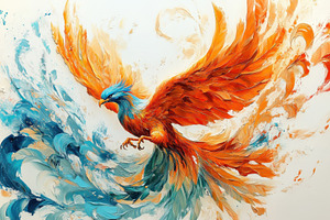 Fiery Phoenix Soaring Through Turquo, a Photo by Pixeness Studio
