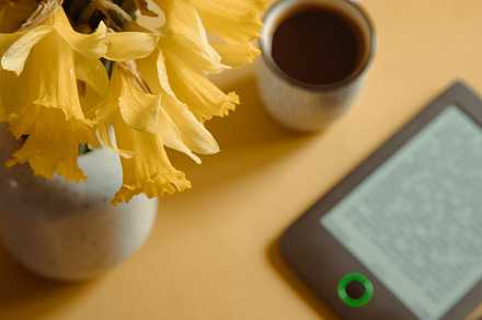 Modern ebook reader,  daffodils flowers on background. Top view,, a Beauty & Fashion Photo by Ivanna