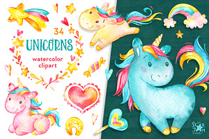 Unicorns. Watercolor Clipart