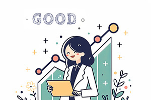 Smiling businesswoman analyzing growth data with a positive profit graph, an Illustration by AS photostudio