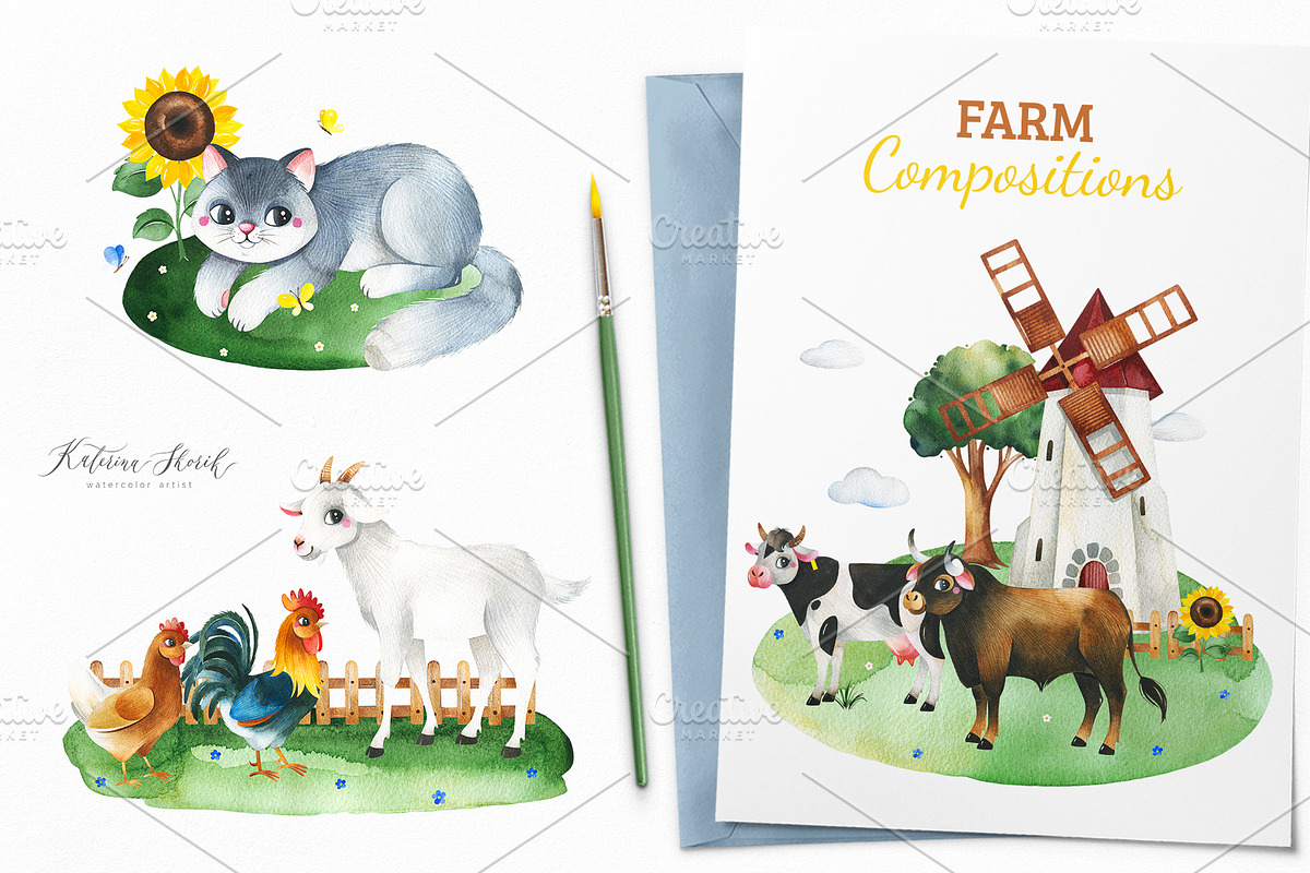 Watercolor Farm Collection., an Animal Illustration by Kate_Rina (Photo 7 of 9)