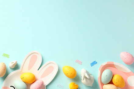 Easter card template. Frame border made of Easter cutlery and colorful Easter e, a Holiday Photo by photoguns