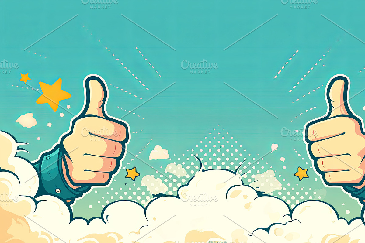 Colorful illustration of two thumbs up with stars and clouds background, an Illustration by AS photostudio