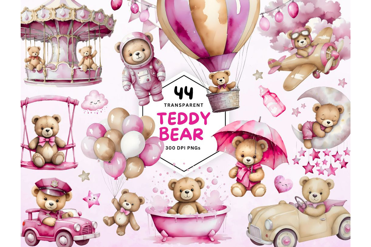 Watercolor Teddy bear clipart pink, a Decorative Illustration by Coral Beauty (Photo 1 of 4)