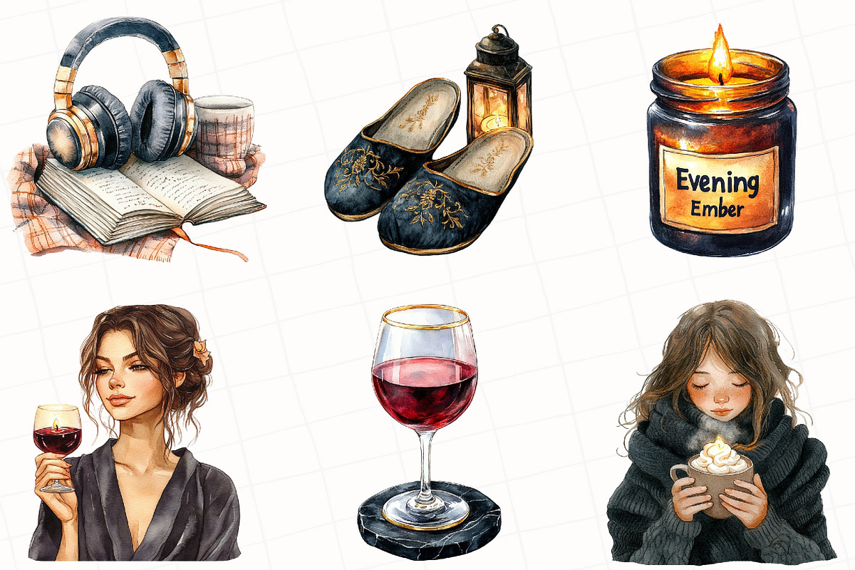 Watercolor Cozy Evening Clipart, an Illustration by OK Design (Photo 3 of 5)