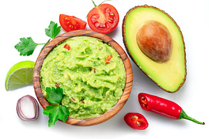 Guacamole and guacamole ingredients on isolated on white backgro, a Food & Drink Photo by Volff