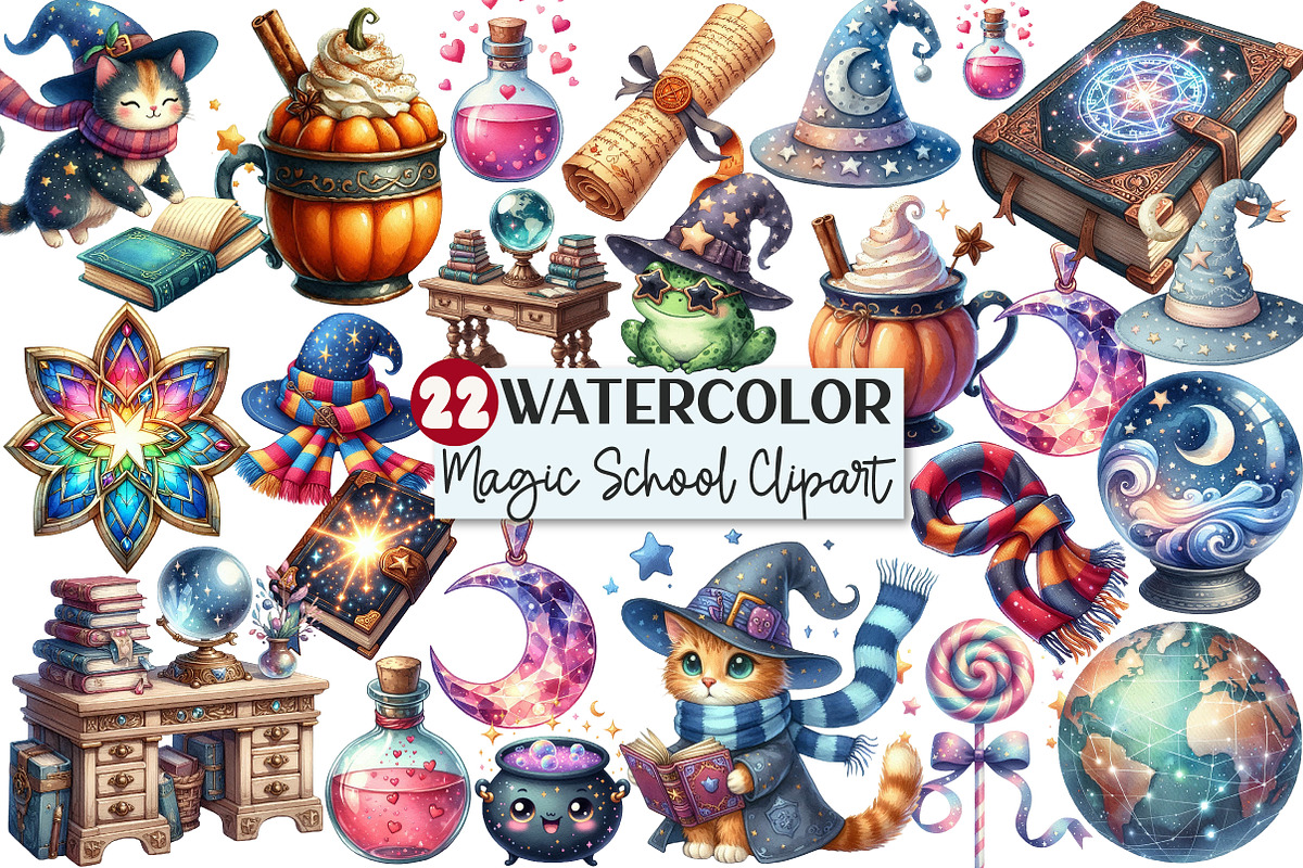 Cute Magic School Watercolor Clipart, an Illustration by Rose Art (Photo 1 of 7)