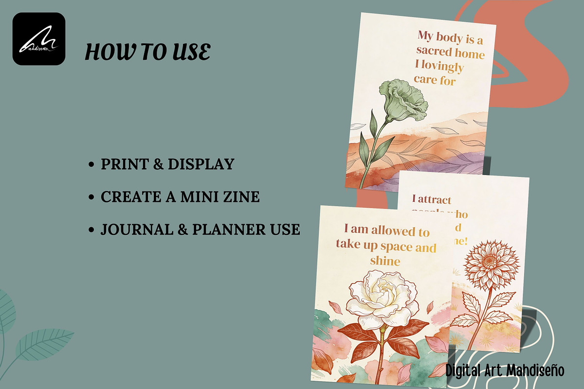 Boho Botanical Affirmation Cards, a Card Template by Digital Art Mahdiseño (Photo 2 of 13)