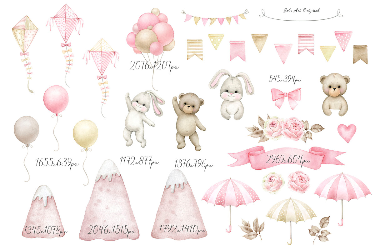 Teddy bear,bunny, hot air balloons., an Animal Illustration by Solo Art Original (Photo 4 of 8)