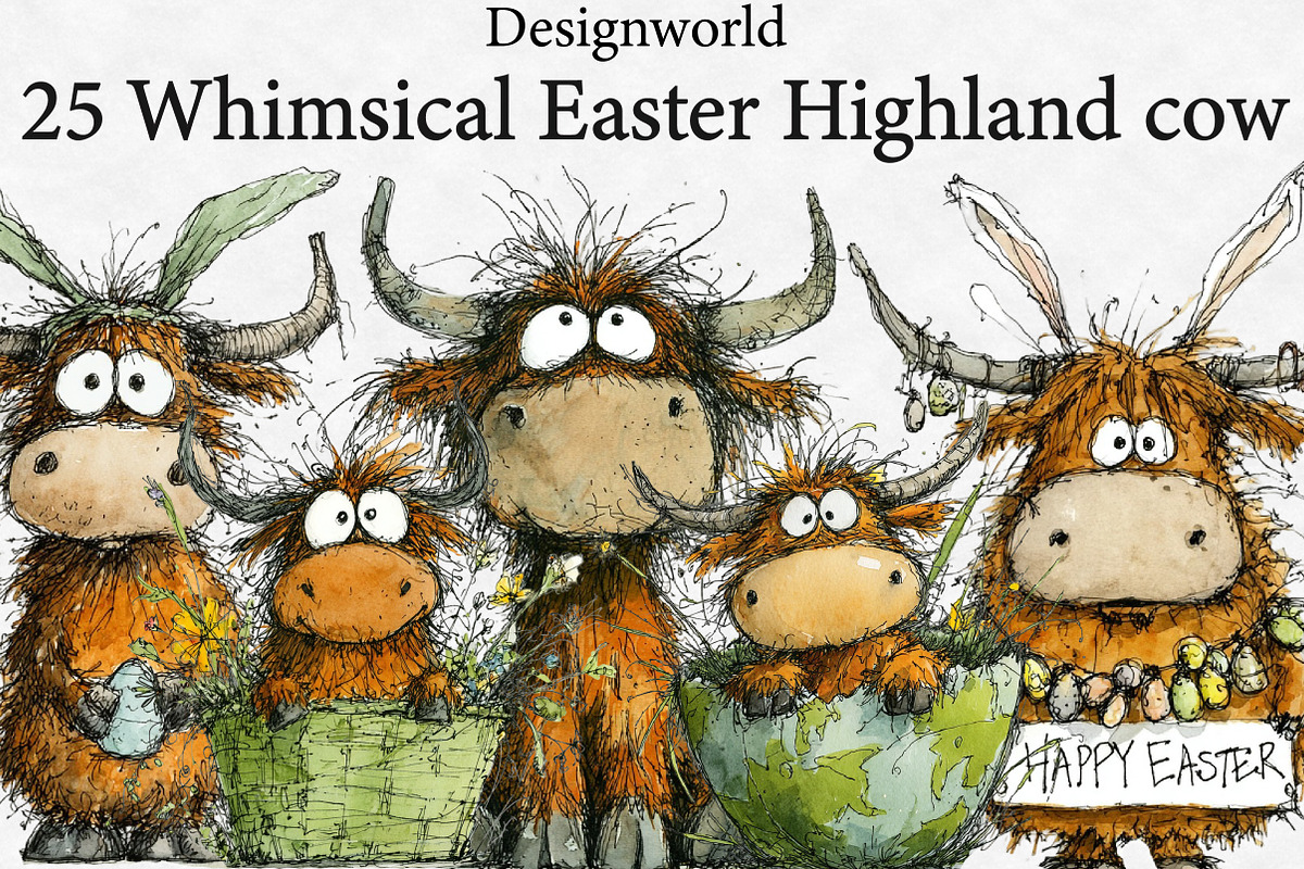 Whimsical Easter Highland cow Clipar, an Illustration by Designworld (Photo 1 of 6)