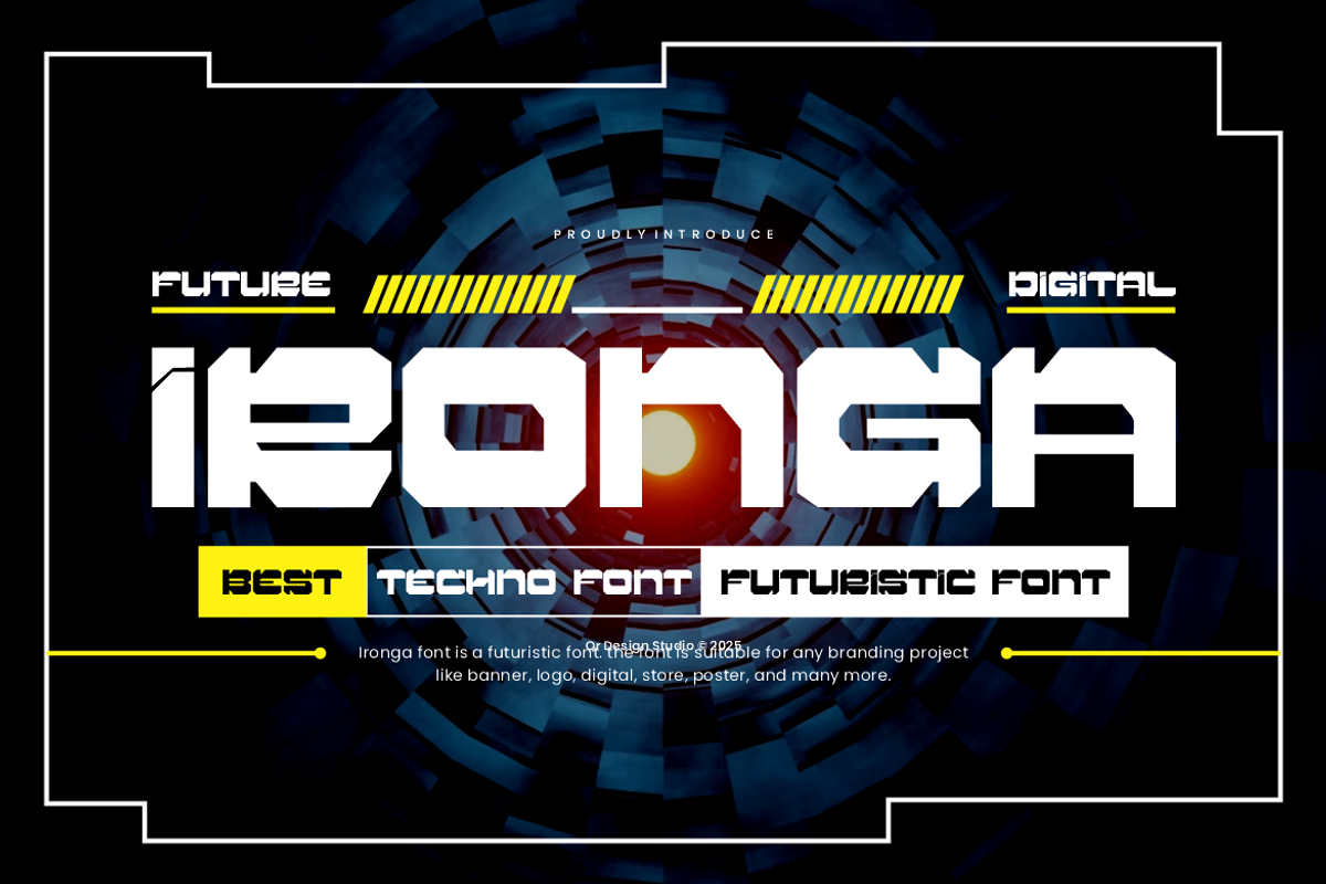 Ironga - Futuristic Font, a Sans Serif Font by QR Design Studio (Photo 2 of 11)