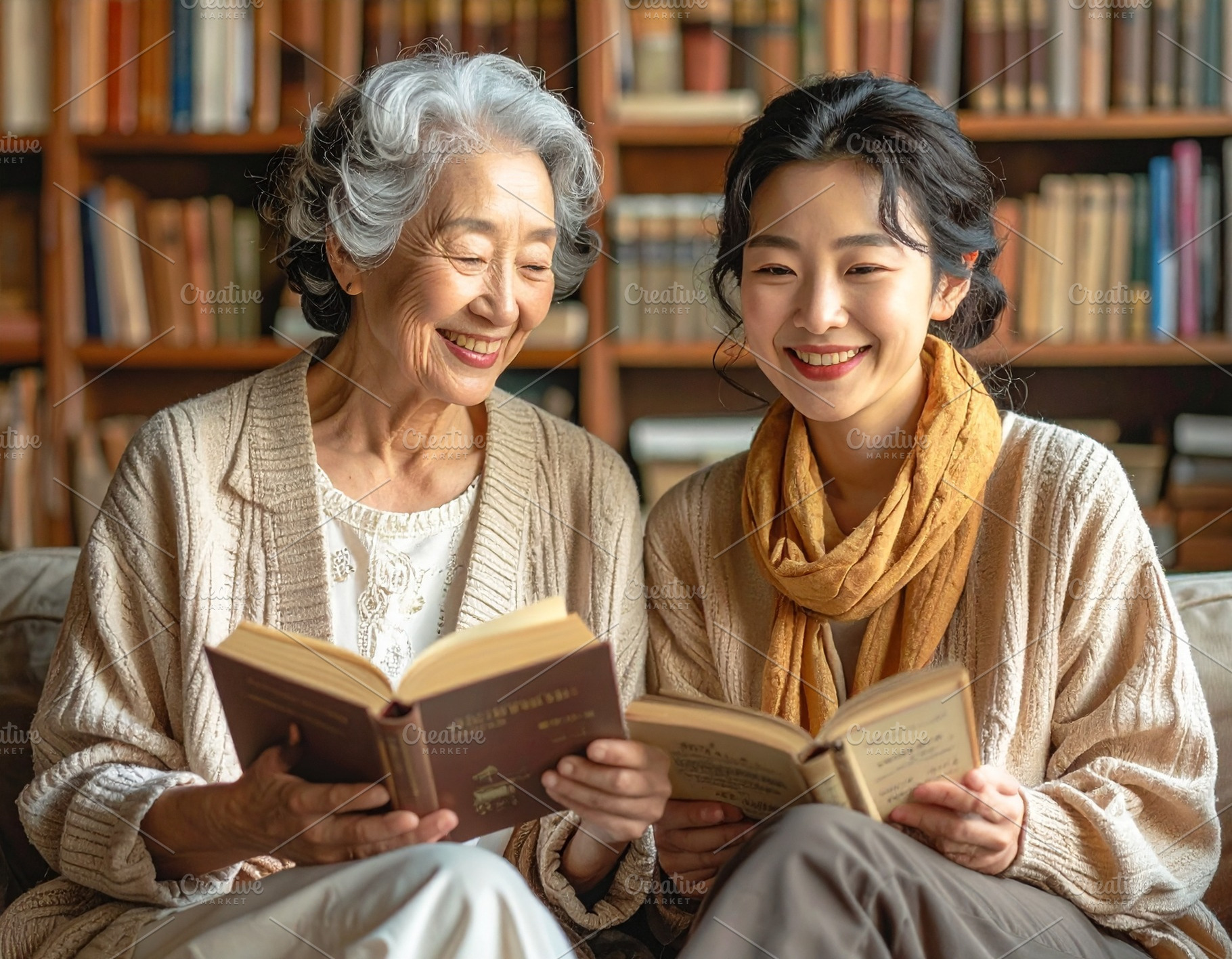 Older and younger women with joyful expression sitting together, a Person Photo by DanFLCreativo
