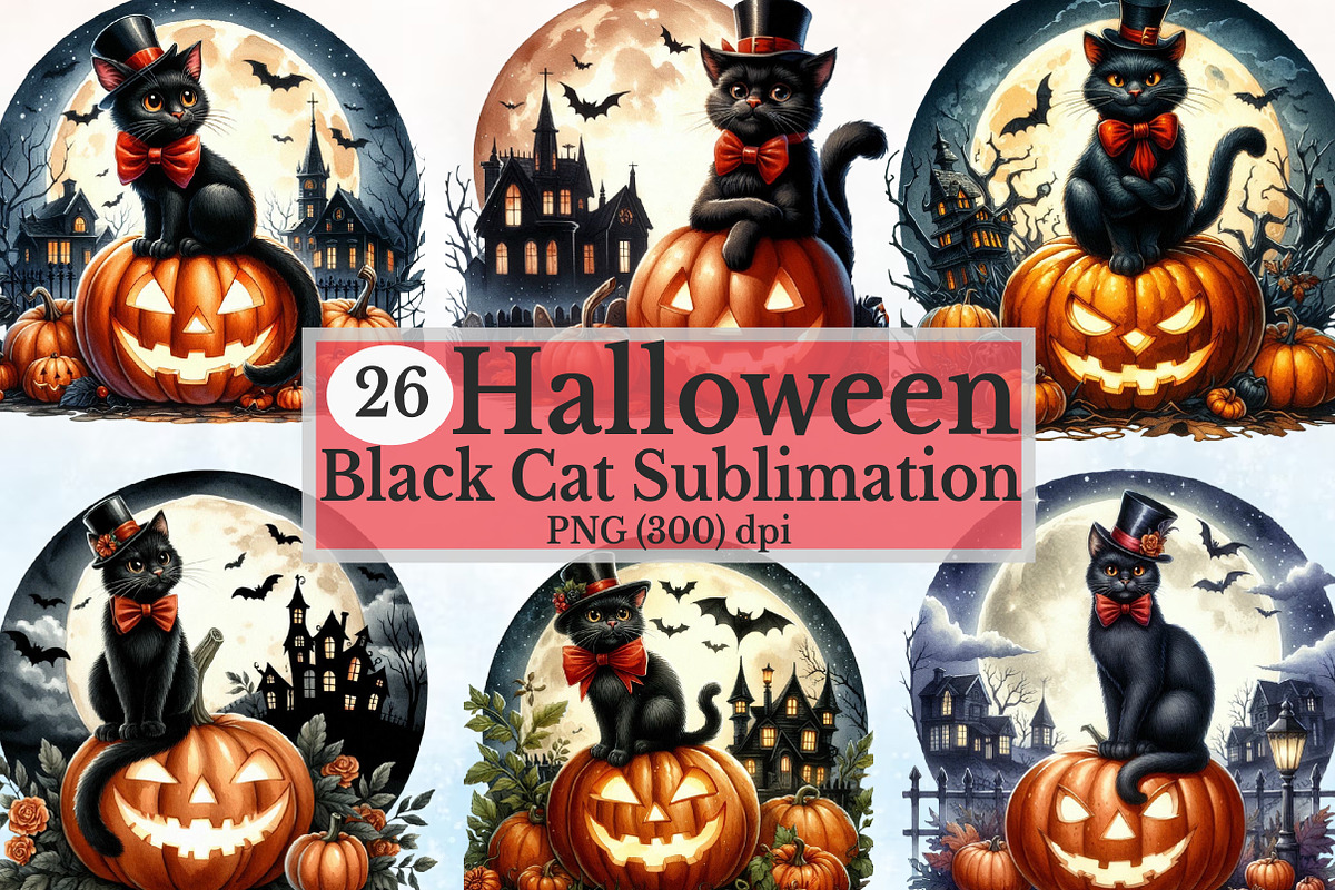 Halloween Black Cat Clipart Bundle, a Seasonal Illustration by Rose Art (Photo 1 of 6)
