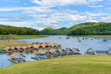 Bamboo rafts are floating restaurant featuring raft, bamboo, and restaurant, a Nature Photo by yongkiet jitwattanatam