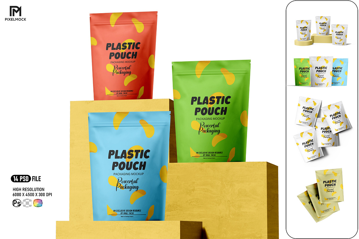 Plastic Stand-Up Pouch Mockup Set, a Packaging Mockup by pixelmock (Photo 1 of 19)