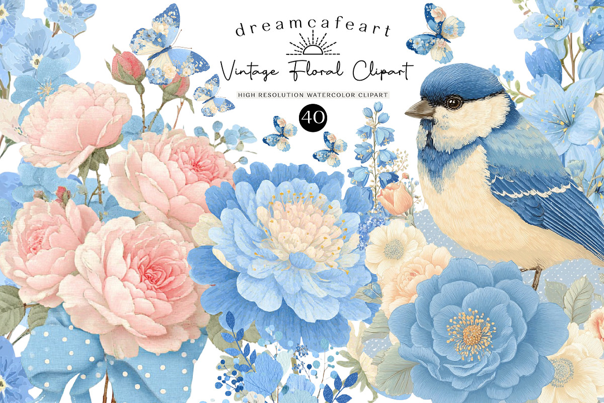 Watercolor Vintage Floral Clipart, an Illustration by DreamCafeArt (Photo 1 of 6)