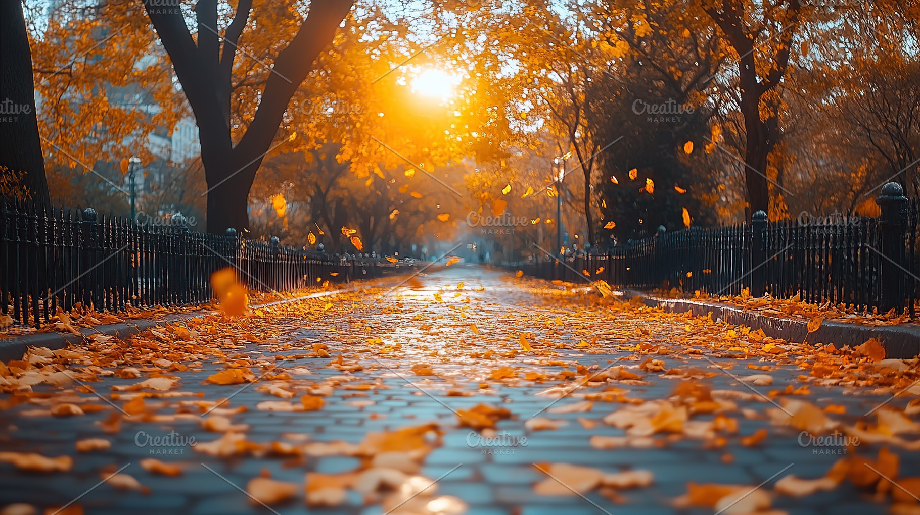 Orange leaves in city park, autumn season with sunrays, a Nature Photo by AlyaAnd