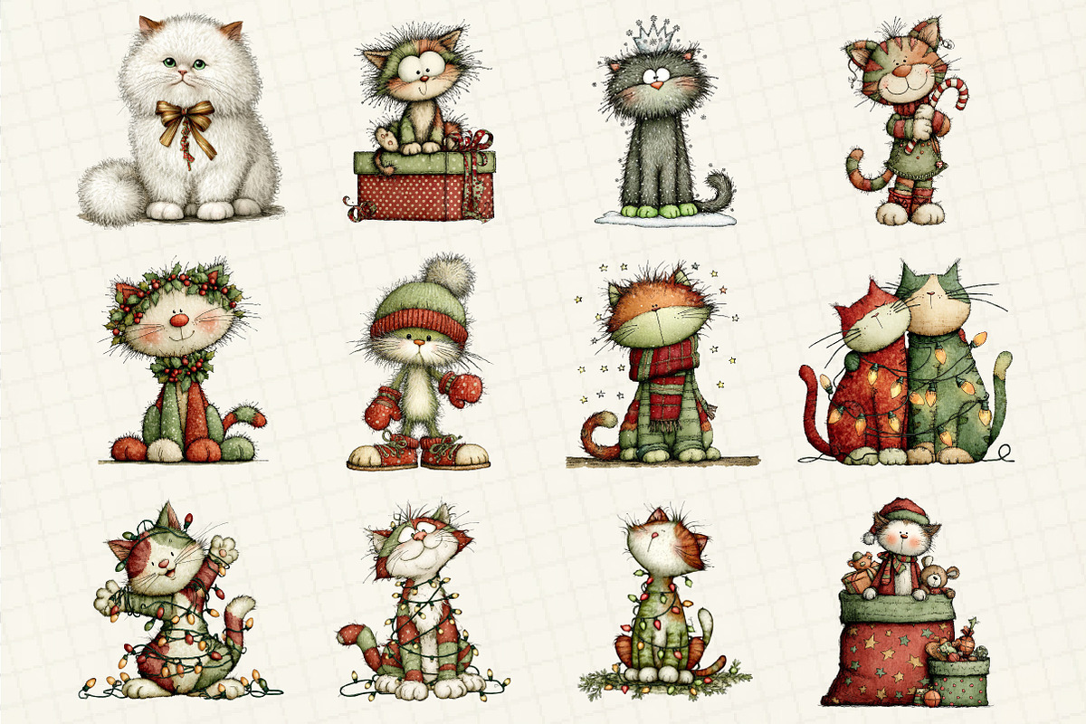 Whimsical Christmas Cat Clipart, an Illustration by DreamCafeArt (Photo 3 of 6)