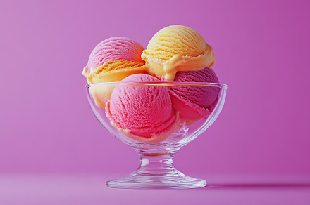 Scoops of colorful ice cream in a glass bowl on a vibrant pink background, a Food & Drink Photo by AlyaAnd