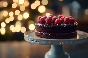 Delicious cake with frosting cream and ripe raspberries, a Food & Drink Photo by AlyaAnd